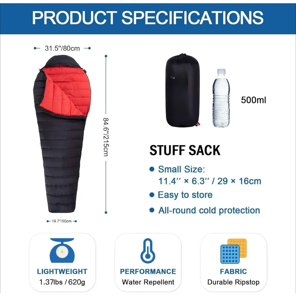 Down Sleeping Bag for Adults with 600 Fill Power, Compact Sleeping Bag with Compression Sack