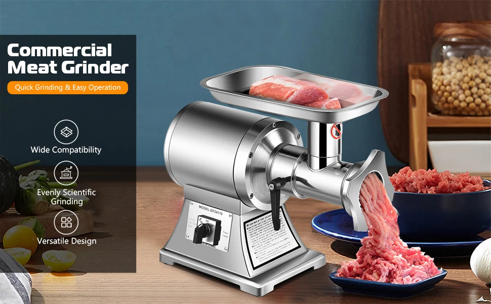 Commercial Meat Grinder, 1.5 HP, 1100W, 551LB/h Stainless Steel Electric, Heavy Duty Industrial