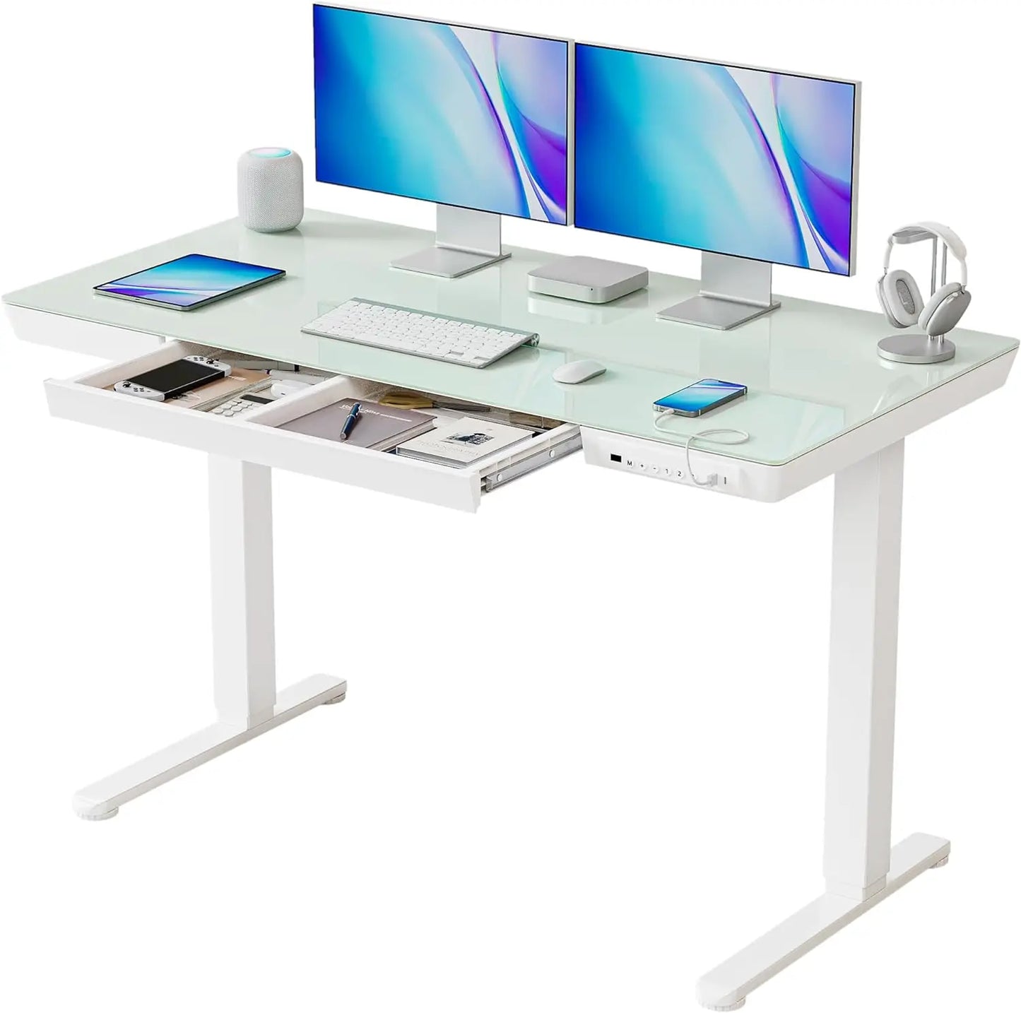 55" Glass Electric Standing Desk with Drawers, 55 inch Whole-Piece Glass Desktop Rising Desk