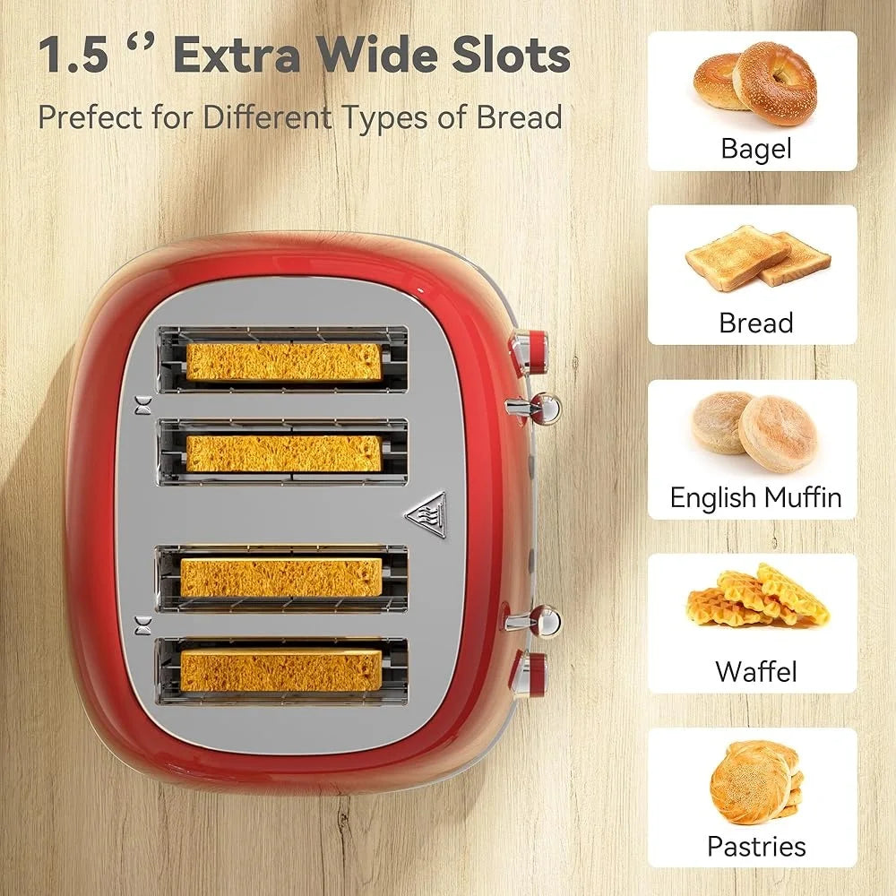 KITCHMIX 4 Slice Toaster Retro Design Stainless Steel 1.5" Slots 6 Levels Dual Controls Crumb Tray