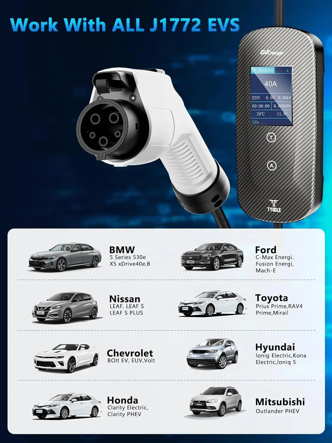 2025 New Portable Level 2 EV Charger (40Amp,240V, NEMA 14-50P) with 23 Ft