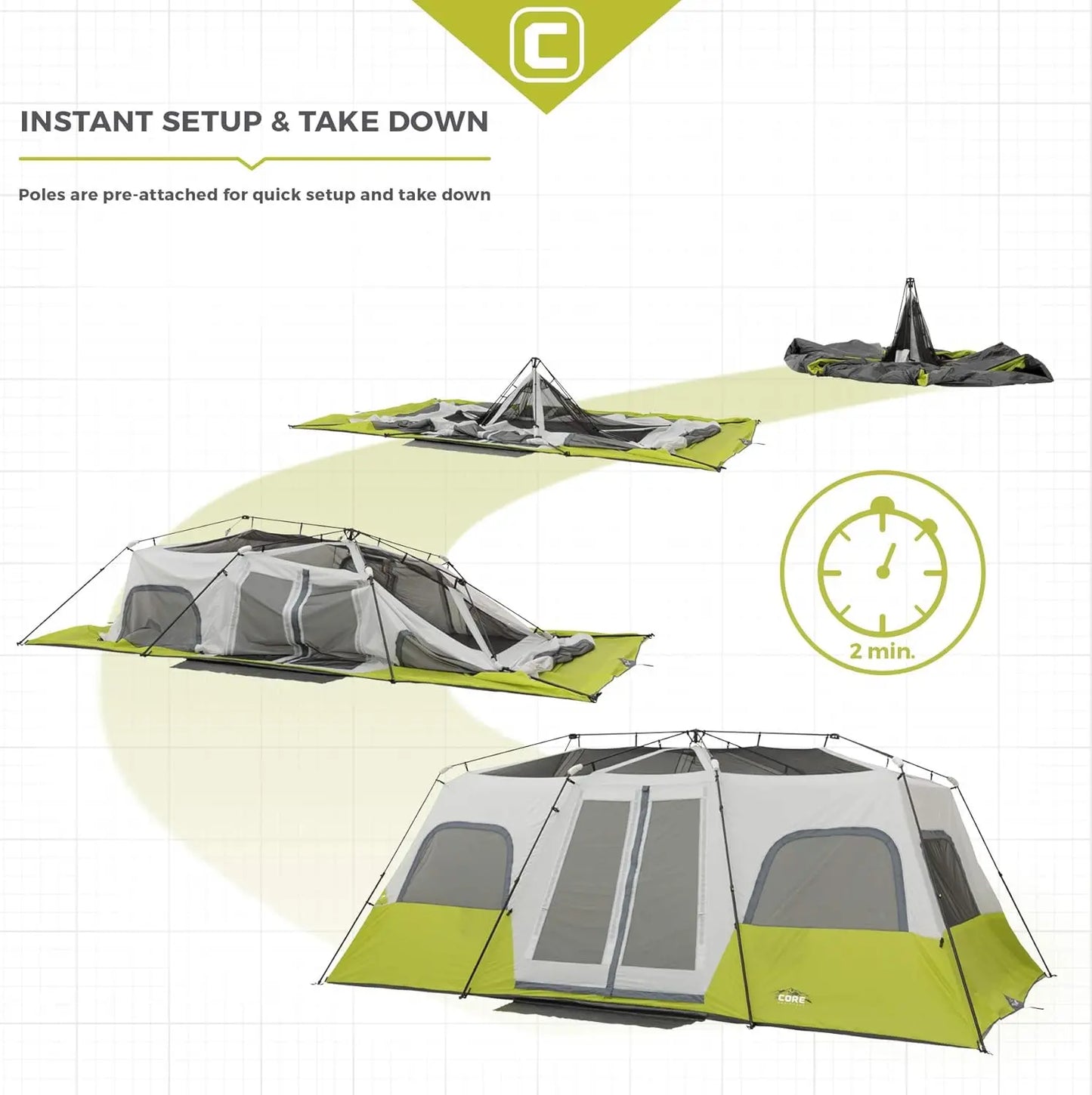 CORE 12-person instant cabin tent with 3 rooms and storage pockets, portable and sets up in 2 min