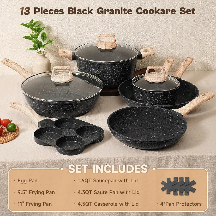 13 Pcs Pots and Pans Set Nonstick Cookware Sets Black Granite Induction Cookware Nontoxic Healthy