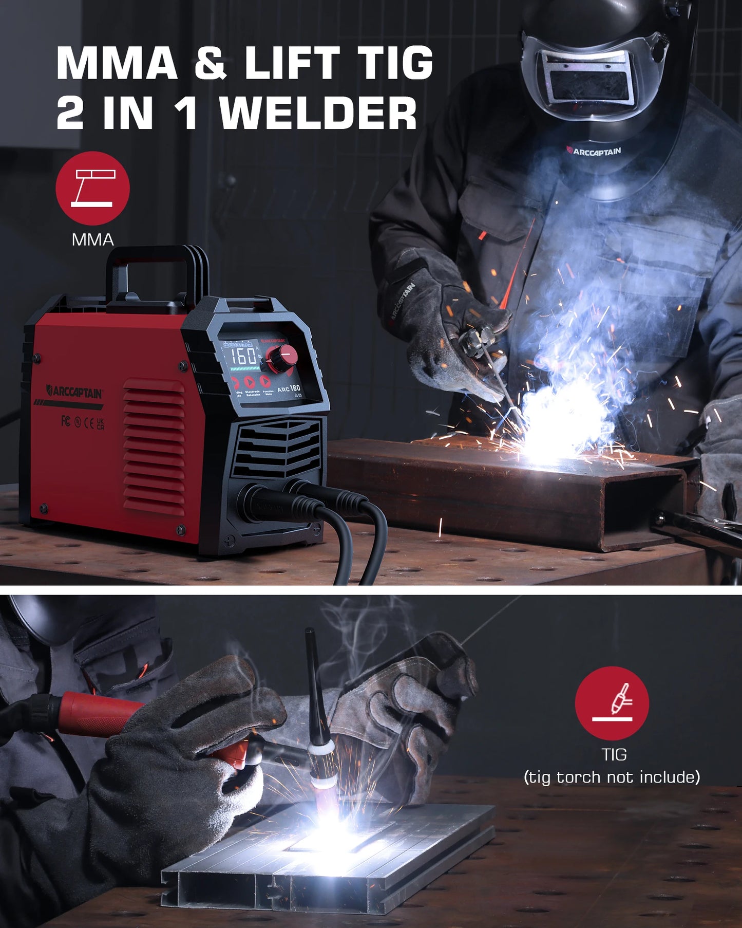 ARCCAPTAIN 160 Amp ARC Welder DC Inverter Dual 110V 220V IGBT MMA Stick Lift TIG Portable Synergy