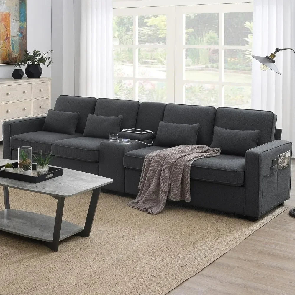 Upholstered Sectional Sofa with Console, 2 Cup Holders & 2 USB Ports & Wirelessly Charged, Modern