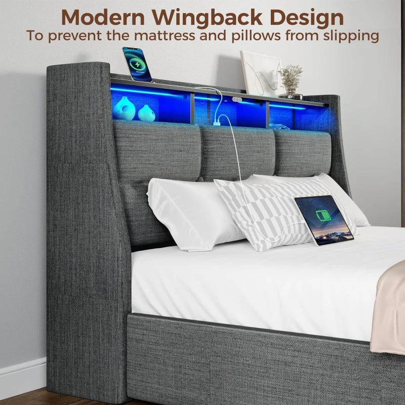 ROLANSTAR Bed Frame W/LED Lights & Charging Station, Upholstered Bed Storage Headboard & Heavy Duty