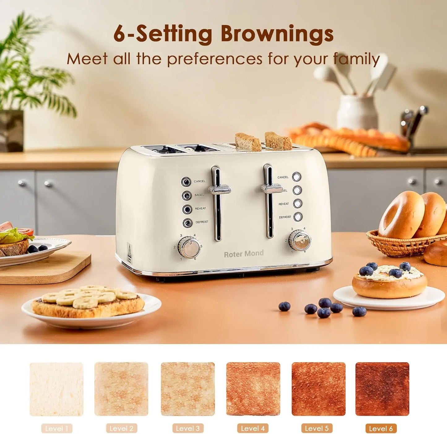 ROTOR MOND Toaster 4 Slice Retro Stainless Steel w/Extra Wide Slots Bagel, Defrost, Reheat Function