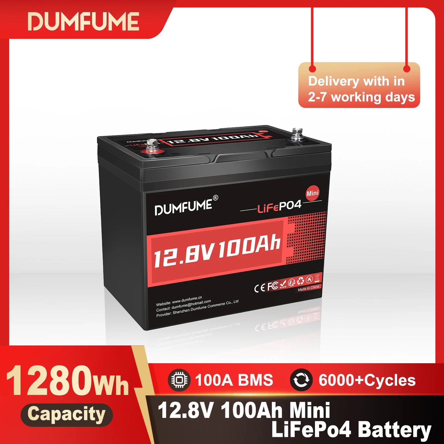 Dumfume 12.8V 100Ah Mini Motorcycle Battery LiFePO4 Lithium Built In 100A BMS  RV Powerstation