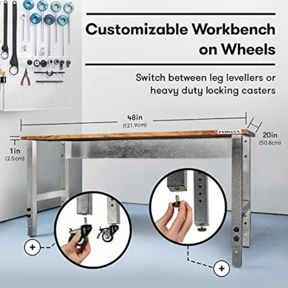 Fedmax Work Bench - 48" Rolling Portable Workbench /Metal with Acacia Hardwood Top, Adjustable Legs