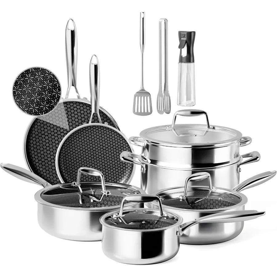 Hybrid Triply Stainless Steel Cookware Set Pots And Pans Set Non Stick with Steamer Basket Non Toxic