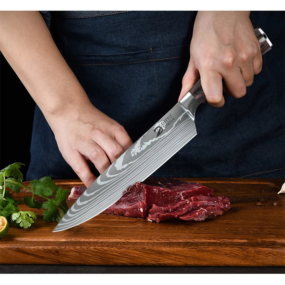 8pcs Kitchen Knife Damascus Stainless Steel Chef Knife / Santoku Knives With Nylon Bag