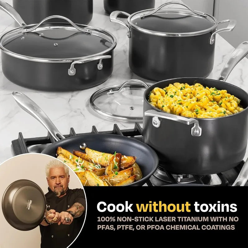 Guy Fieri's Flavortown Laser Titanium 12 Piece Set - Non-stick Cookware Set Without PFAS, PTFE, or PFOA, 3x More Durable