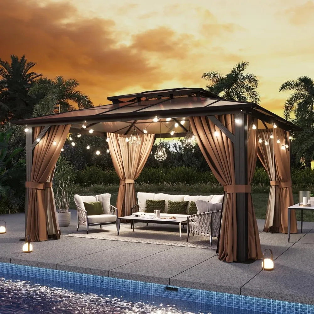 12'x10' Hardtop Gazebo, Aluminum Frame Permanent Pavilion with Curtains and Netting, Polycarbonate