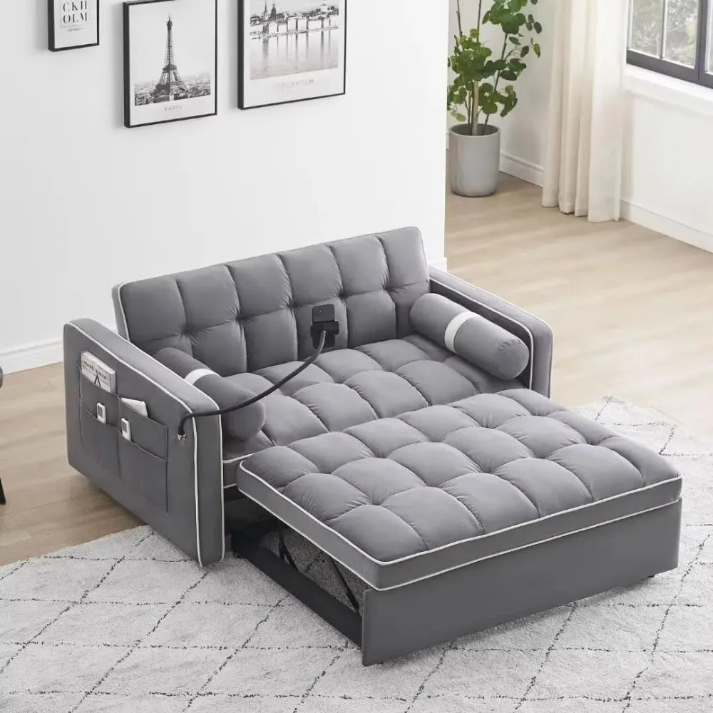 Sleeper Sofa Couch/ Futon Sofa Bed, 3 in 1 Convertible Pull Out w/ USB Port & Swivel Phone Stand