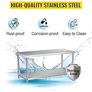 Stainless Steel Prep Table, 72 x 30 x 34 Inch, 550lbs Load Capacity Heavy Duty Metal Work Table