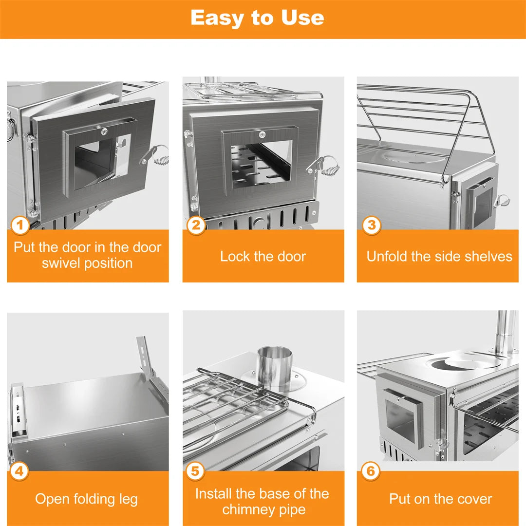 Hot Tent Stove, unho Wood Burning Stove, Portable Wood Stove with 6 Stainless Chimney Pipes