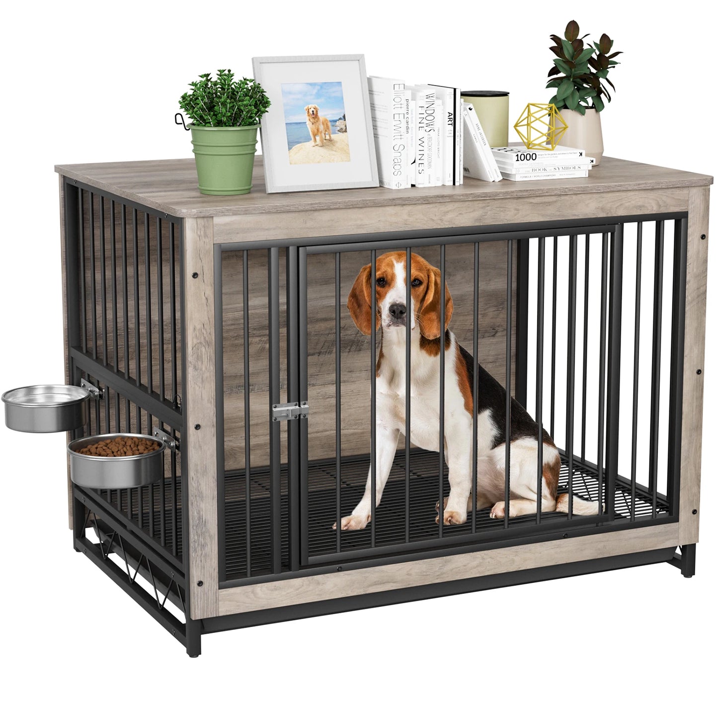 Furniture Style Dog Crate,Wooden Heavy Duty/ Raised Feeder/Dogs 2 Stainless Steel Bowls Brown/Gray