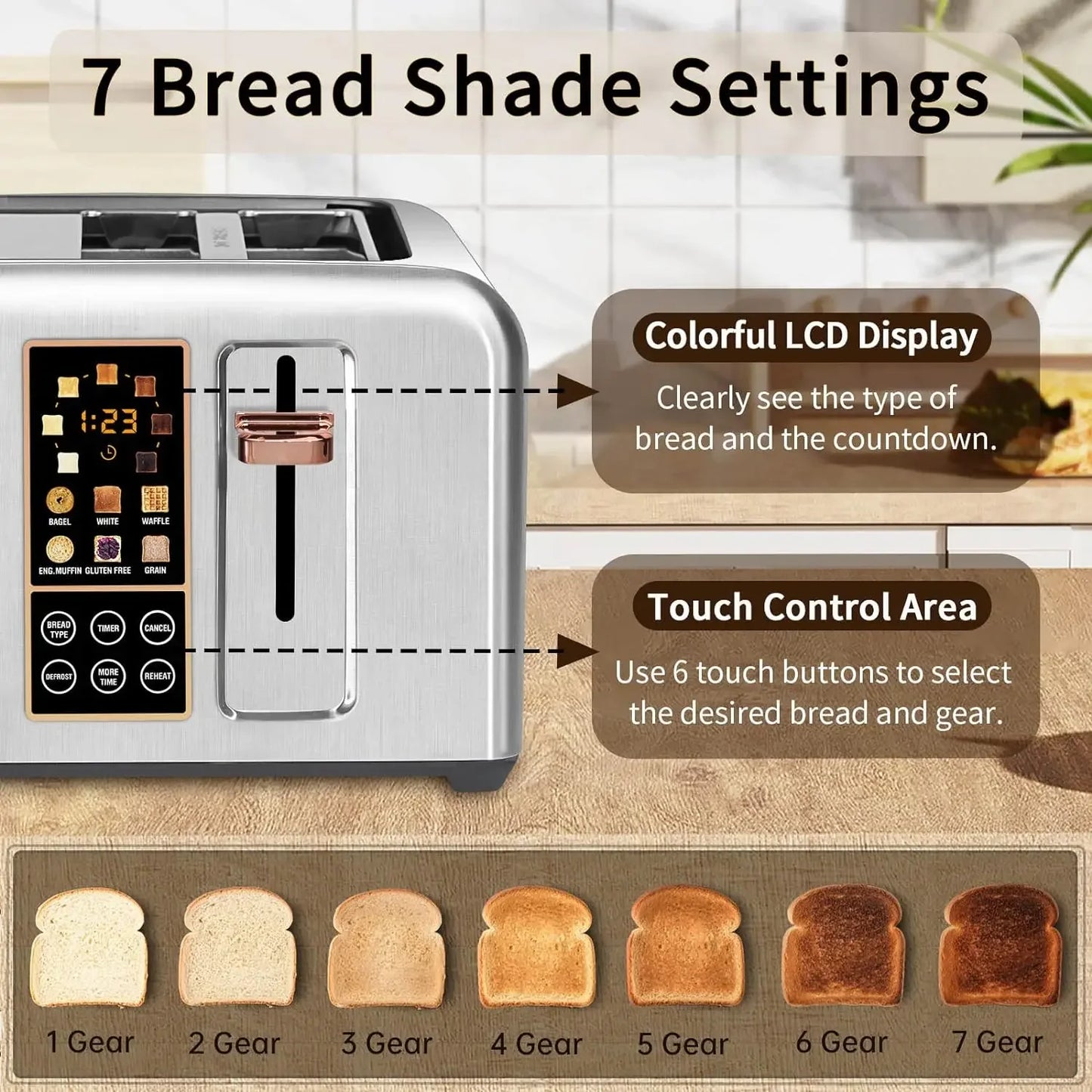 Toaster 4 Slice, Stainless LCD Display, Touch Button, 6 Bread Selection, 7 Shade Setting 1.4'' SlotS