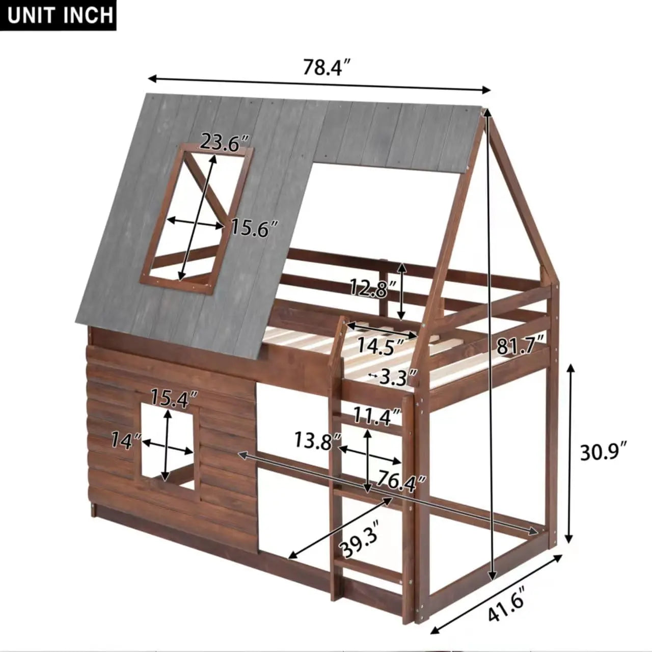 Twin Over Twin Bunk Bed Wood Frame House Shaped with Roof,Ladder and 2 Windows