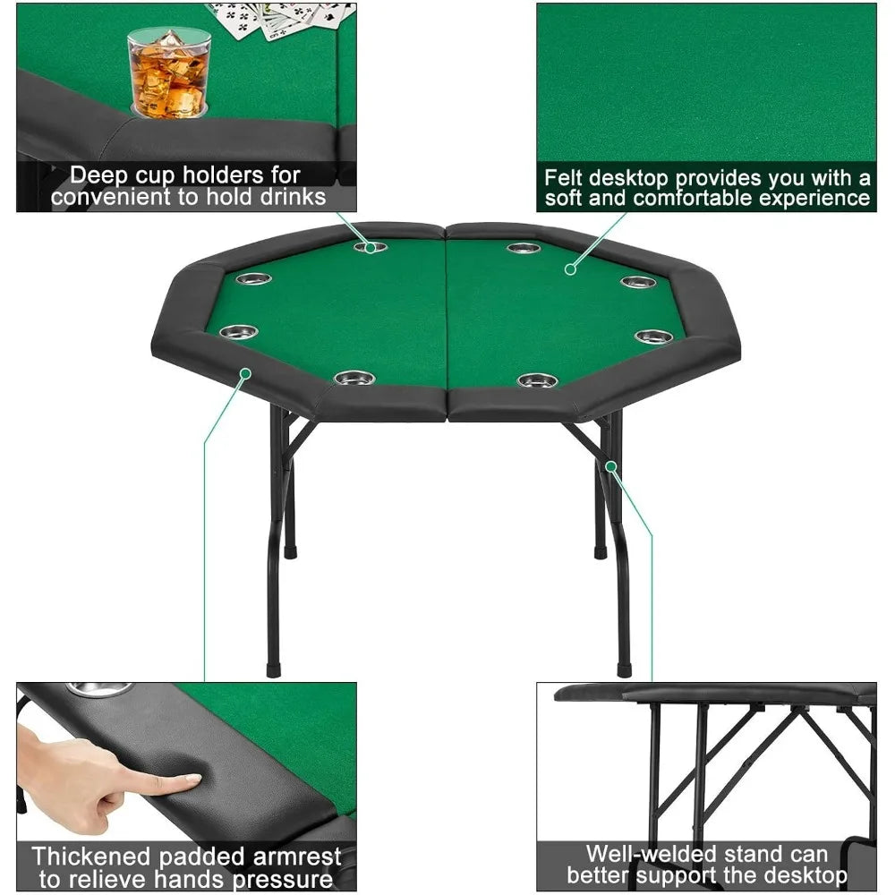 Game Poker Table w/Stainless Steel Cup Holder for 8 Player with Green Felt