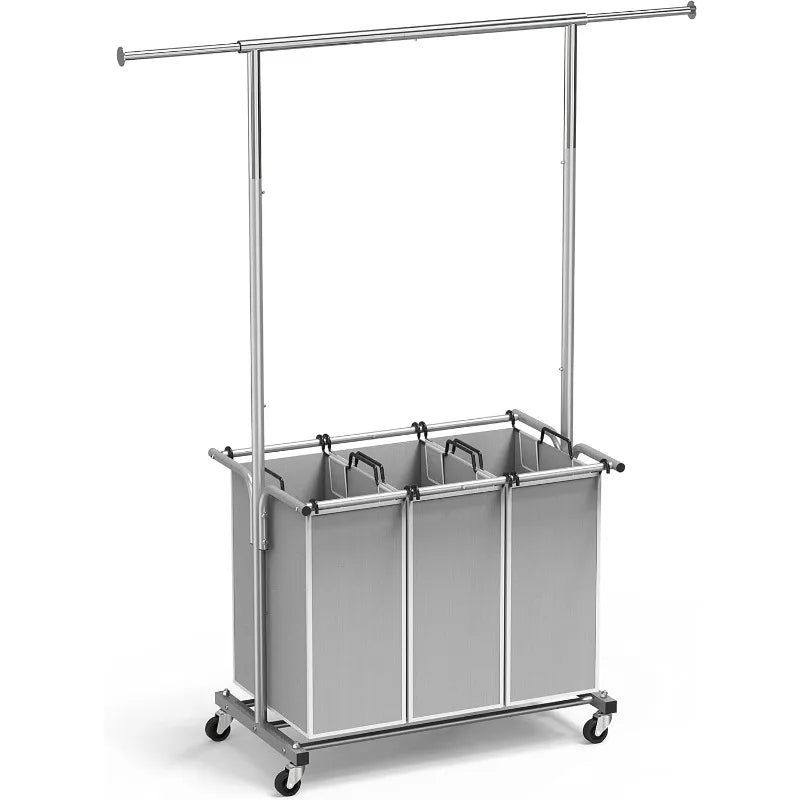 3 Bag Laundry Sorter Rolling Cart w/Garment Rack Hanging Rod, Silver