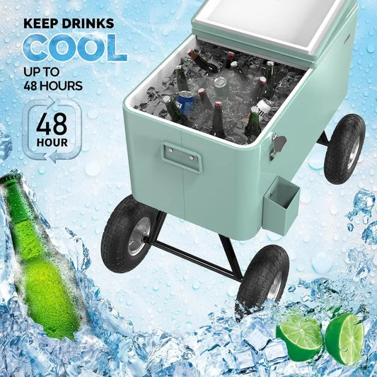 VINGLI 80 Quart Wagon Rolling Cooler Ice Chest, w/Long Handle and 10" Wheels