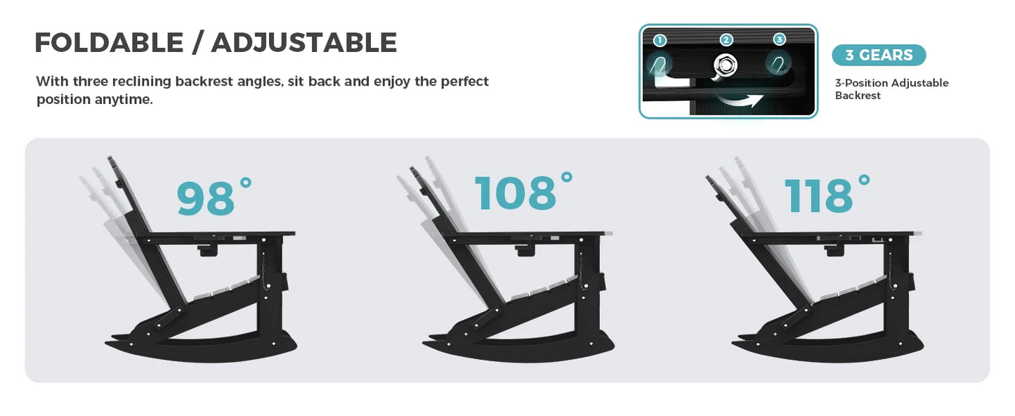All Weather HDPE Adirondack Rocking Chairs Set Of 2, Foldable Patio Rockers /Retractable Ottoman