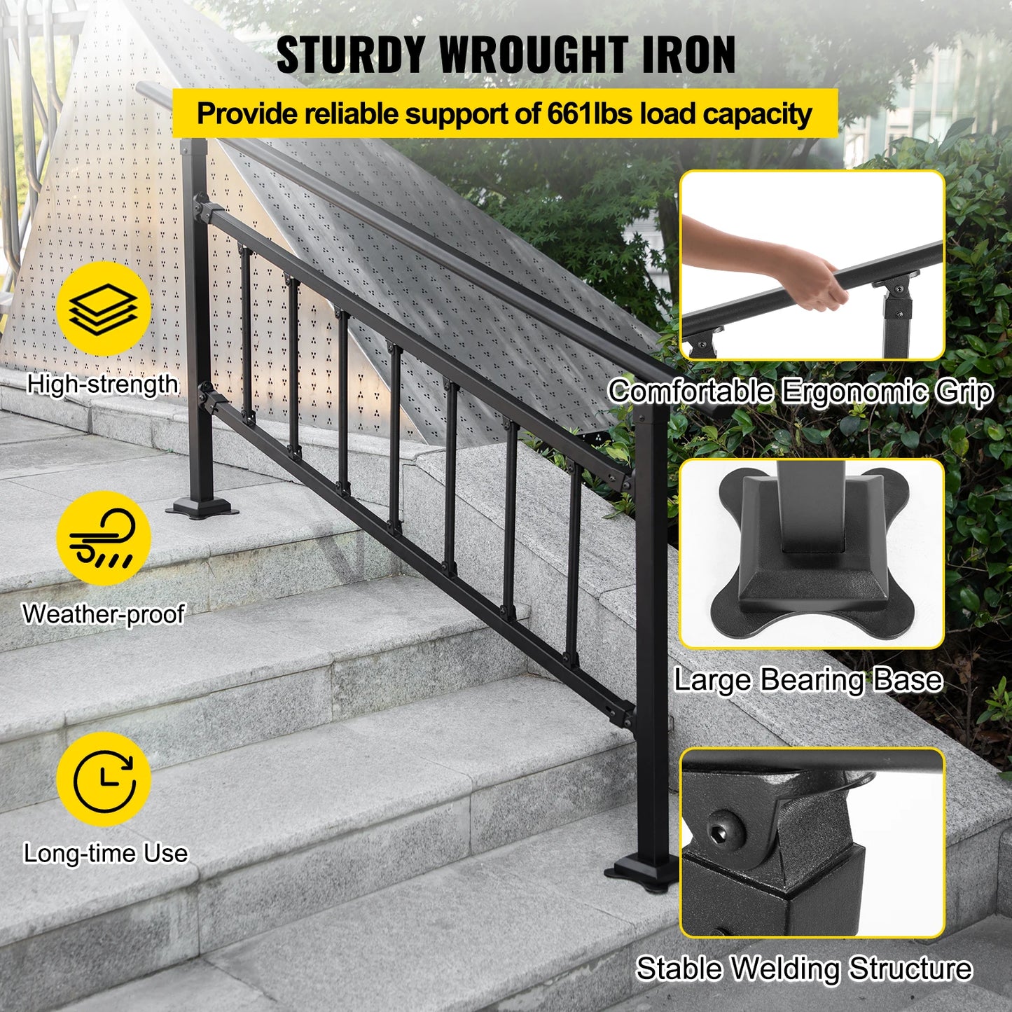 VEVOR Outdoor Stair Railing Fits 1-5 Steps Transitional Handrail Adjustable Exterior Stair Railing