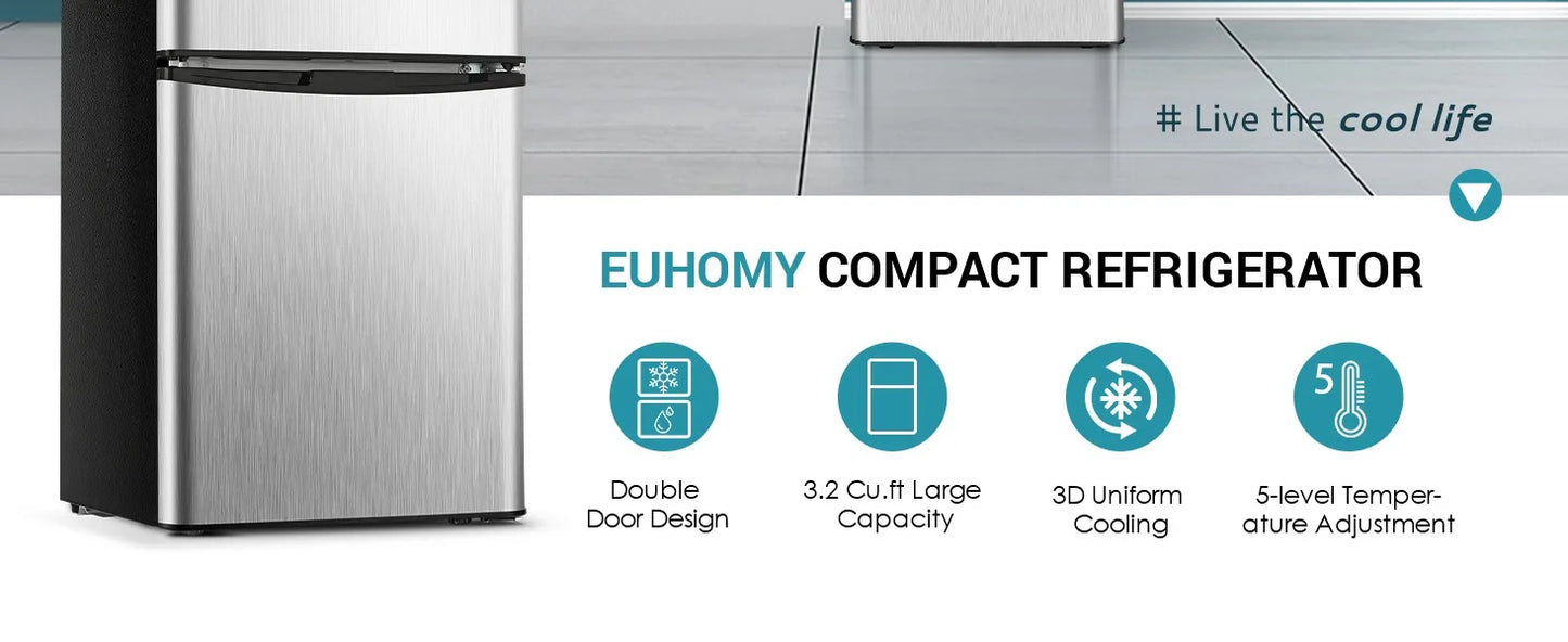 EUHOMY Mini Fridge with Freezer 2 Door Mini Fridge with freezer For Dorm/Bedroom/Office/Apartment