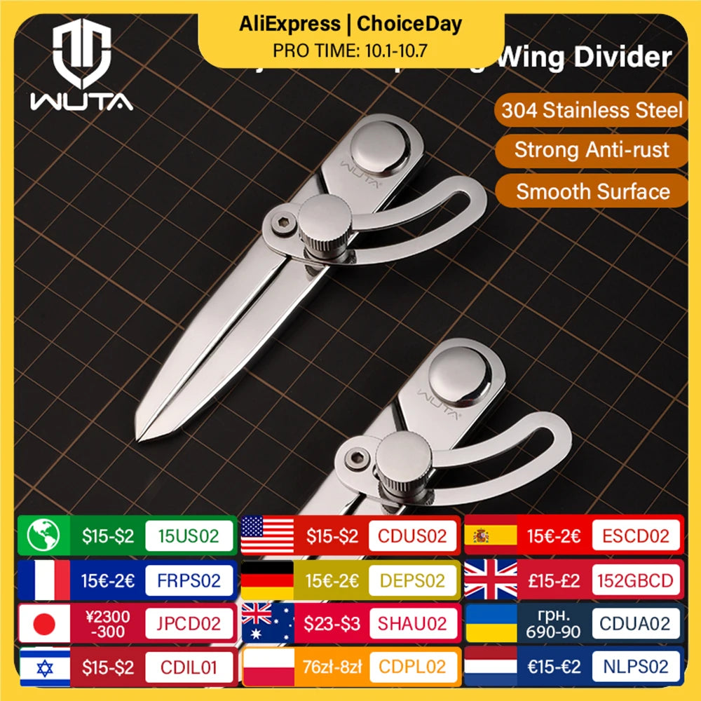 WUTA 304 Stainless Steel Leather Compass Adjustable Spacing Wing Divider Tools DIY Scriber