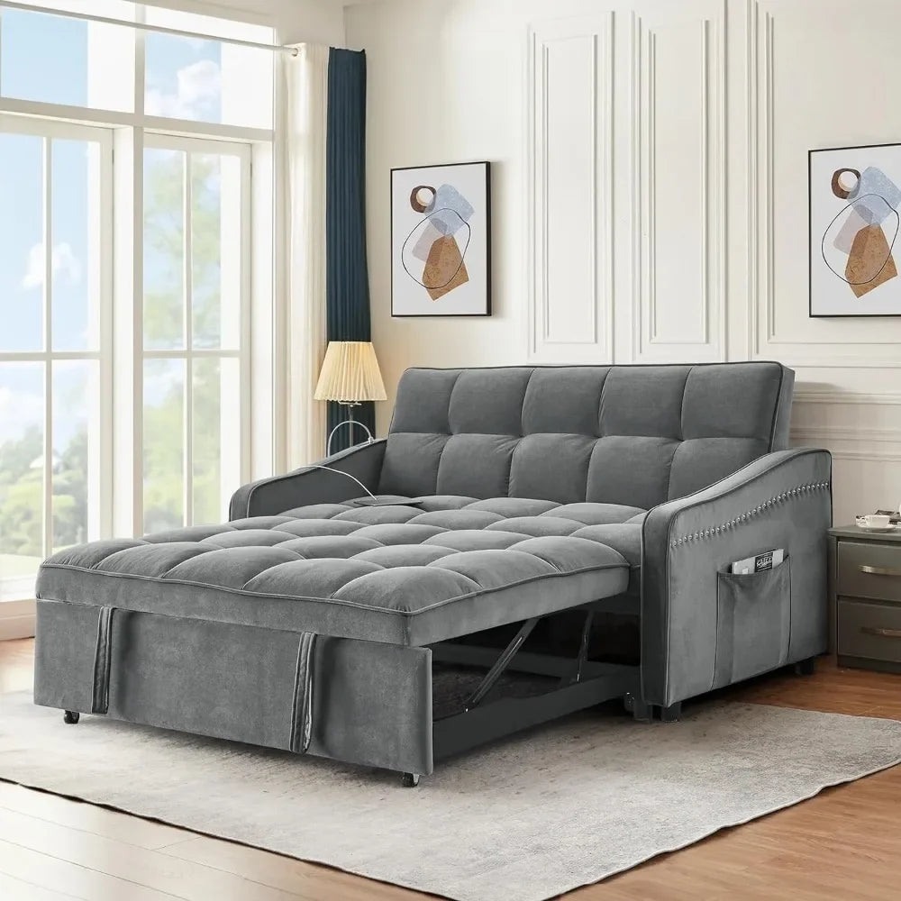 3 in 1 Sleeper Sofa Couch Bed w/USB & Type C Port, 52" Small Modern Loveseat Sofa w/Pull Out Bed