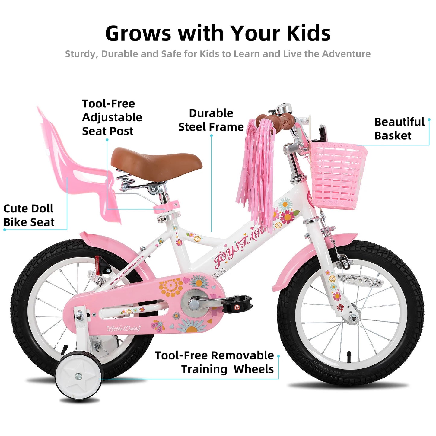 JOYSTAR Kids Bike 2-7 Years, 12 14 16" Girls Bike w/Doll seat, Boys Bike w/ Flag & Plate