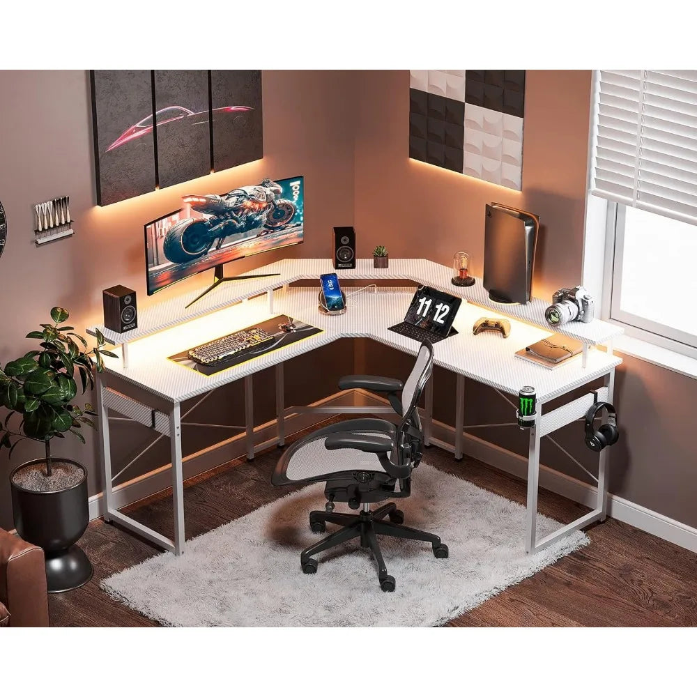 L Shaped Gaming Desk with LED Lights & Power Outlets, 51" Computer Desk w/Full Monitor Stand