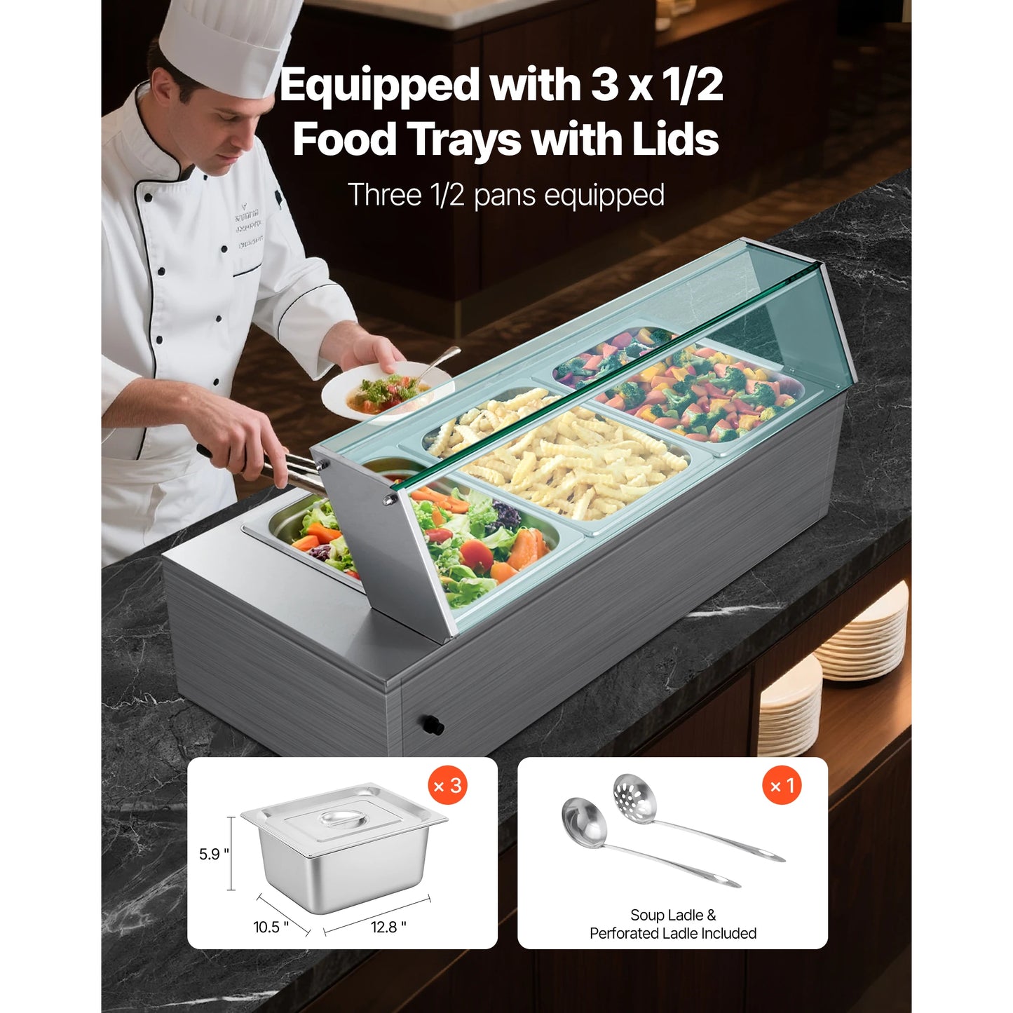 SucceBuy Commercial Food Warmer Electric Stainless Steel Steam Food Warmer with Glass Cover 3-Pan