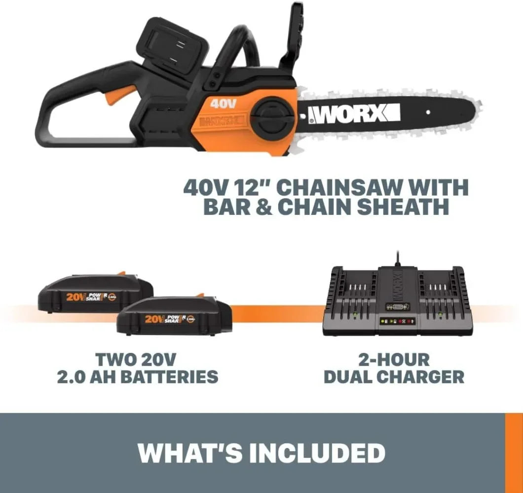 40V 12" Cordless Chainsaw Power Share w/Auto-Tension - WG381 (2-20Amp Batteries & Charger Included)