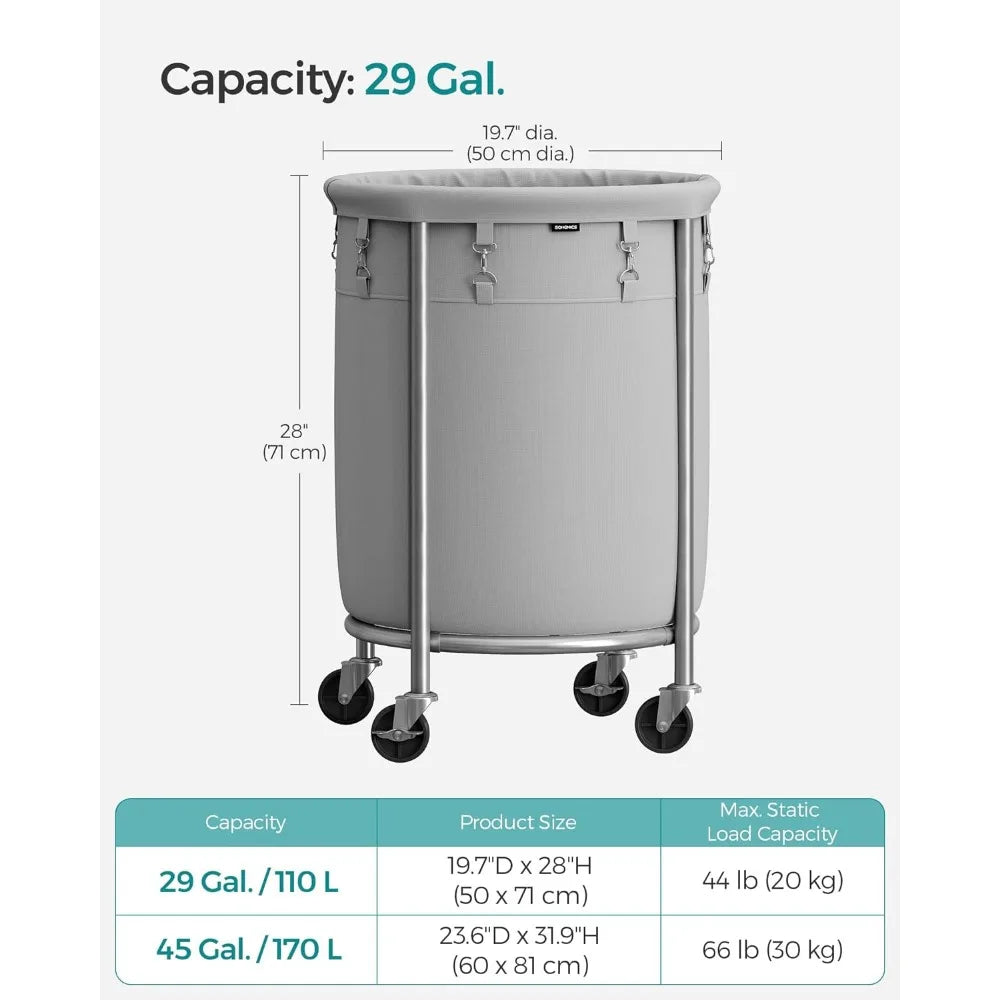 SONGMICS Laundry Basket with Wheels, Rolling Laundry Hamper, 29 Gal w/ Steel Frame and Removable Bag