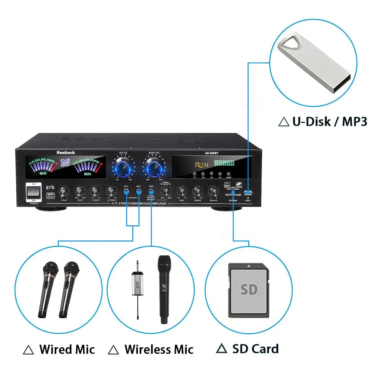 AV555BT 4000W 5CH Home Theater 12V bluetooth Home Power Amplifier Audio Stereo amplificador FM USB