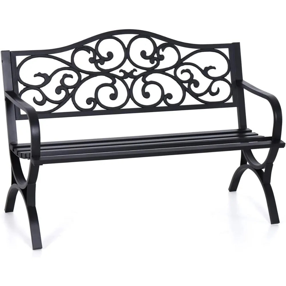 50 Inches Outdoor Garden Bench,Cast Iron Metal Frame Patio Park Bench/Floral Pattern Backrest