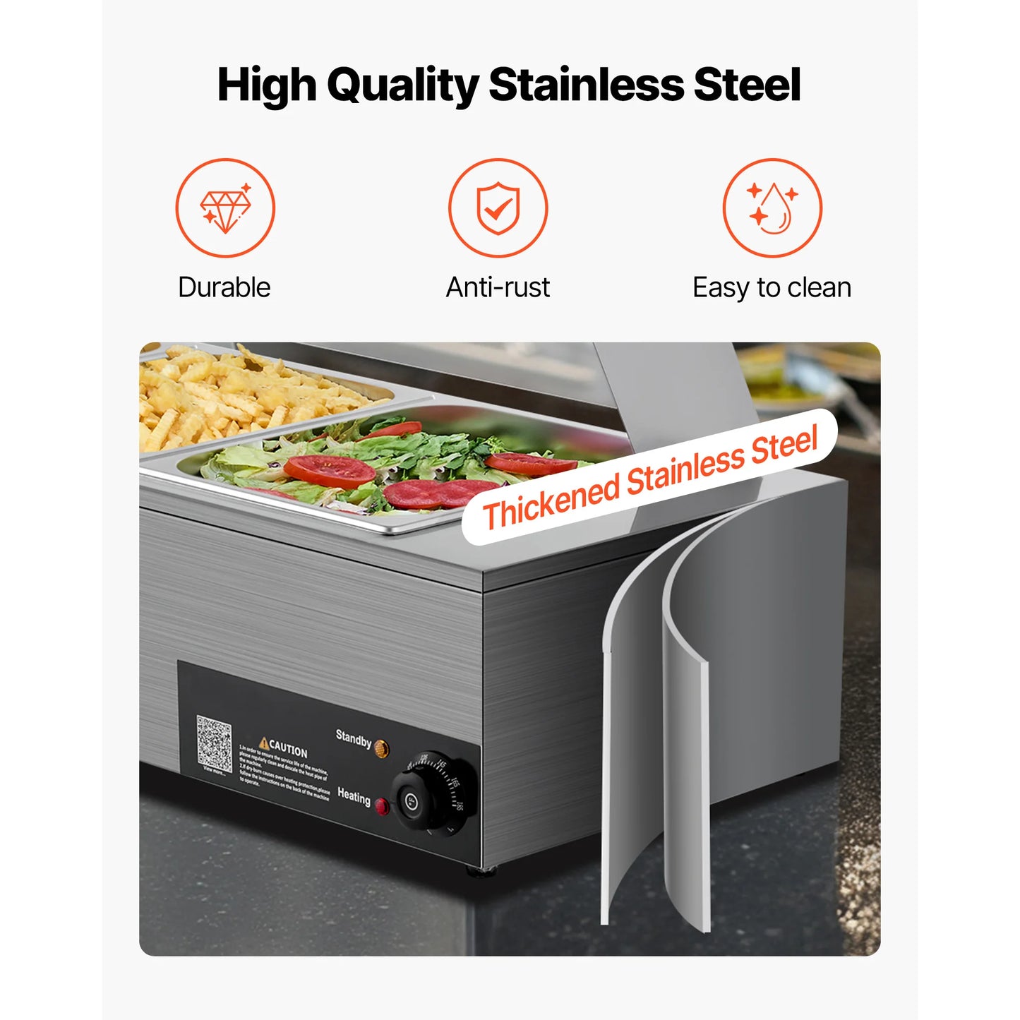 SucceBuy Commercial Food Warmer Electric Stainless Steel Steam Food Warmer with Glass Cover 3-Pan