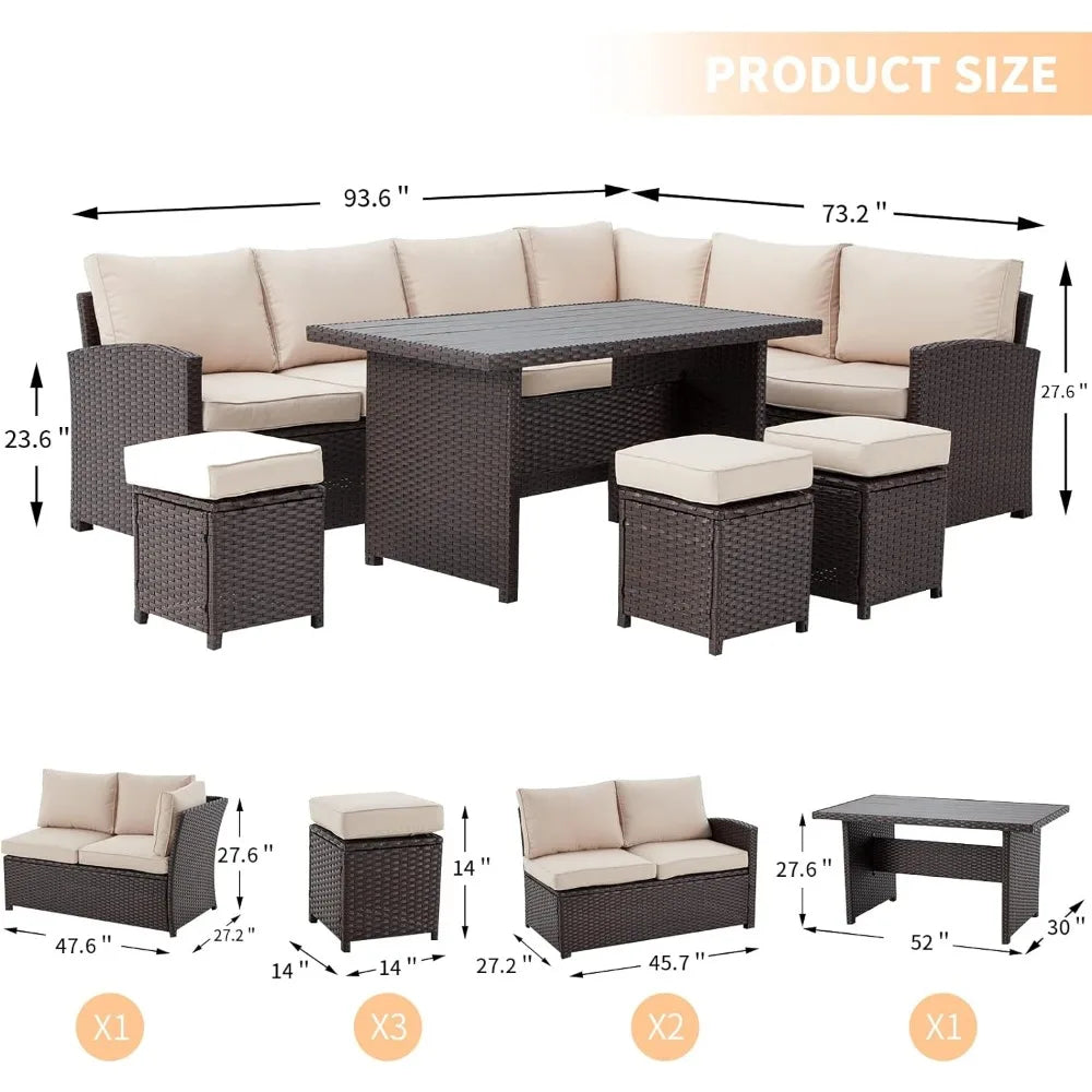 7 Pieces Patio Furniture Set,Sectional Sofa All Weather Wicker Rattan Couch Dining Table & Chair