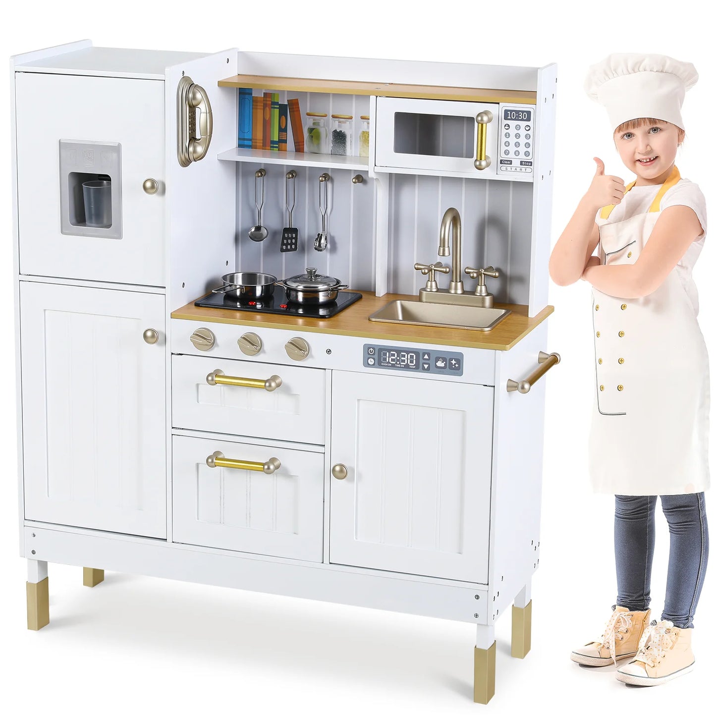 Play Kitchen for Kids, Preschool Kitchen Sets, Wooden Cooking Playset w/Realistic Light & Sound