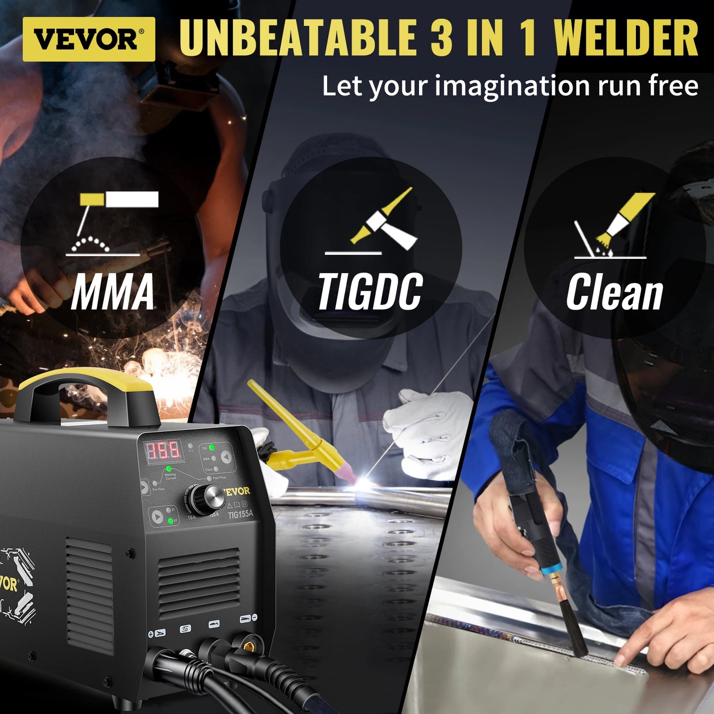 VEVOR 155A 3 in 1 TIG Welder AC110V 3 in 1 Multifunctional HF TIG ARC Clean IGBT Inverter Welding