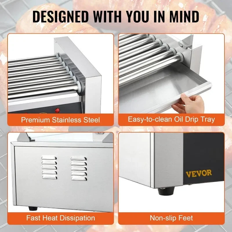 Hot Dog Roller 7 Rollers 18 Hot Dogs Capacity 1050W Stainless Sausage Grill Cooker Machine