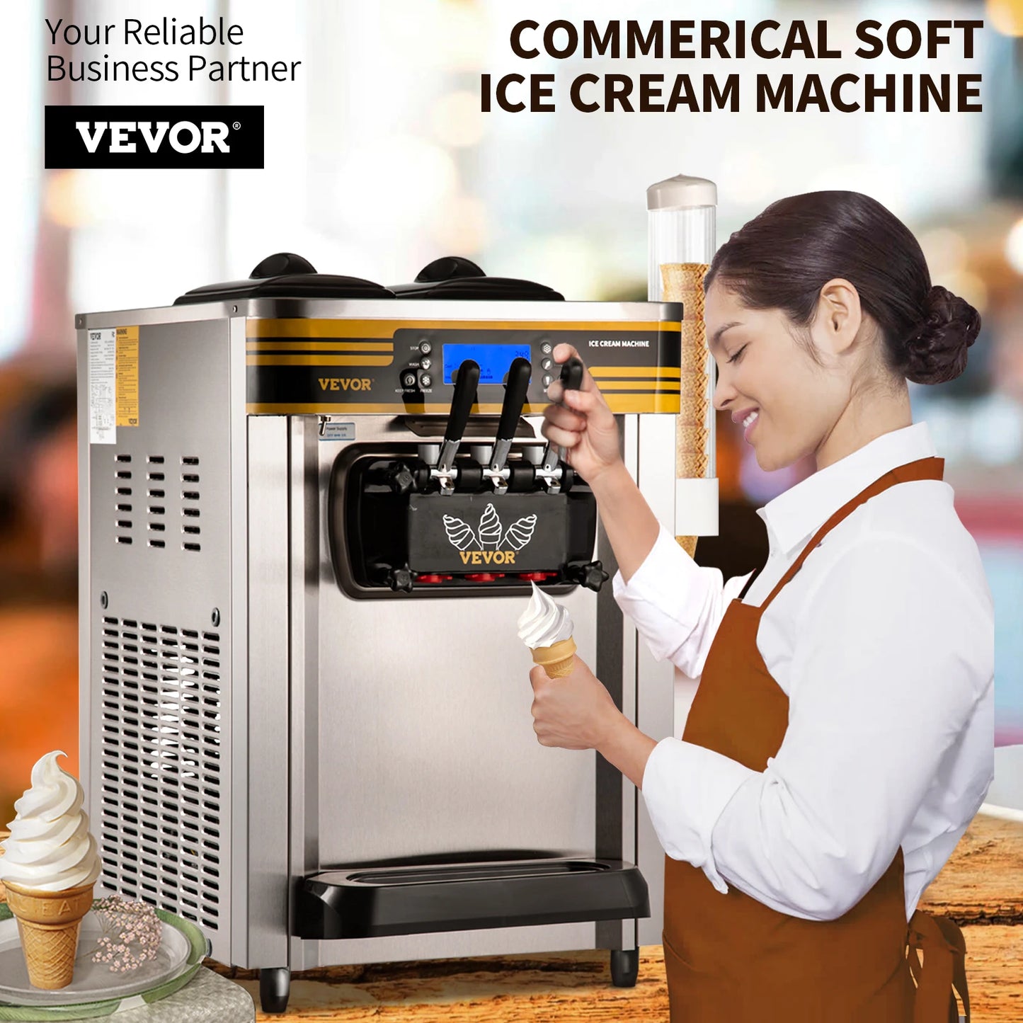 VEVOR 22-30L/H Soft Ice Cream Maker Commercial Countertop Tricolor 2+1 Flavors Cones Freezing