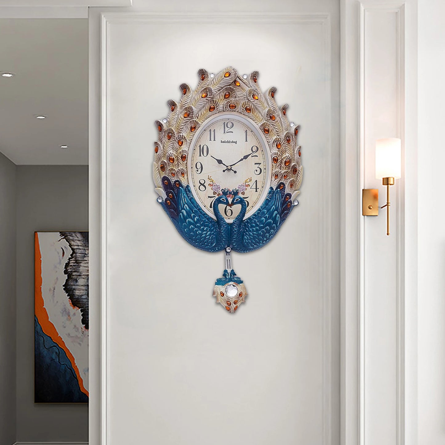 Exquisite Wall-Mounted Pendulum Clock w/Lifelike Animal Feathers, Large Dial, Quartz Movement,