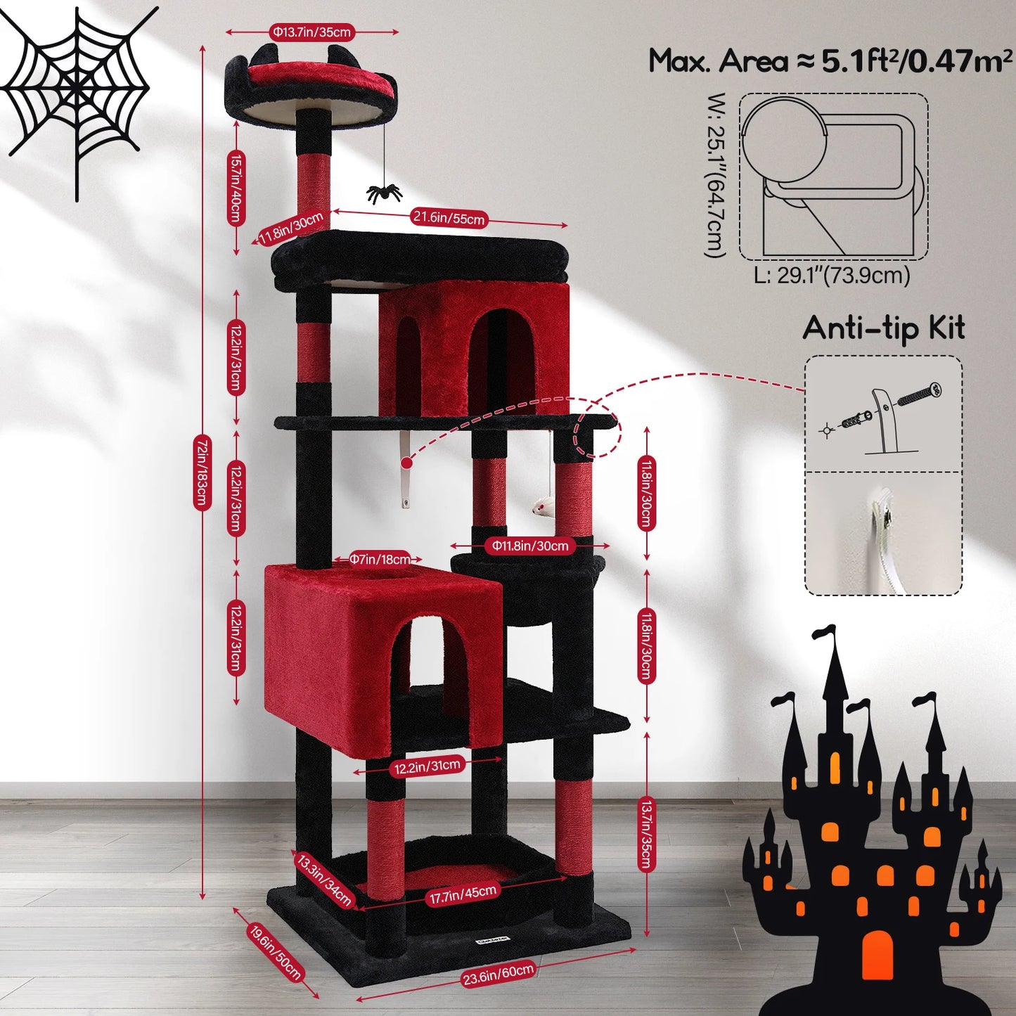 Heavy Duty Gothic Cat Tree for Large Cats, Sturdy 72' Tall for Cats over 20 lbs+