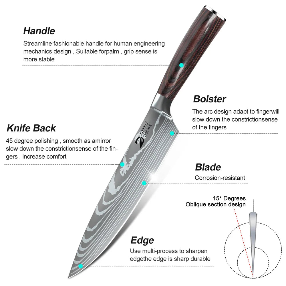 8pcs Kitchen Knife Damascus Stainless Steel Chef Knife / Santoku Knives With Nylon Bag