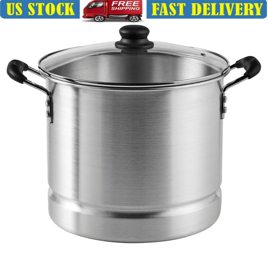 10Qt Aluminum Steamer Stock Pot with Glass Lid Removable Rack Ideal Tamales Seafood Cooking