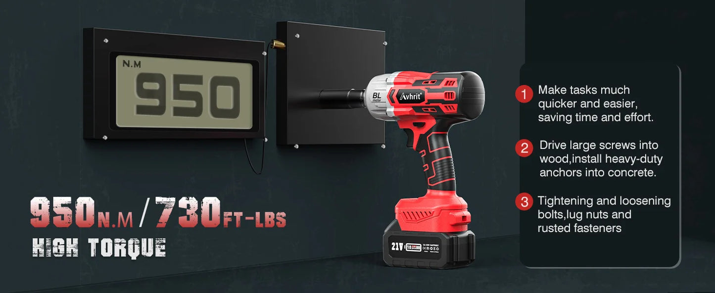 Avhrit Cordless Impact Wrench 1/2, High Torque 700Ft-lbs(950N.m)/2X 4000mAh Battery Fast Charger