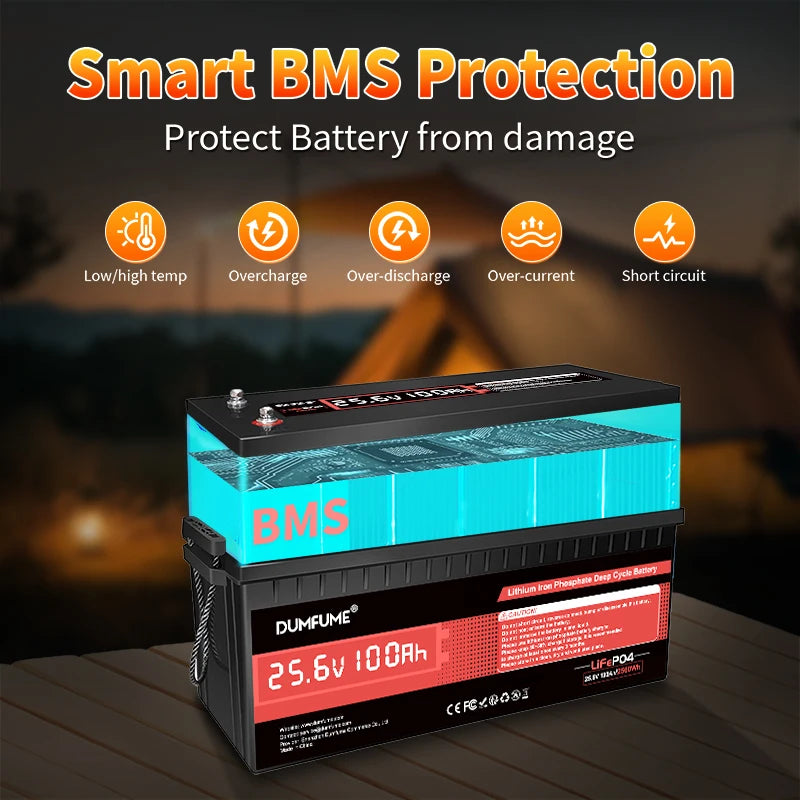 Dumfume 25.6V 100Ah Lifepo4 Lithium Battery 2560w/With 100A BMS 12.8V 100/300/600Ah 38.V 100Ah